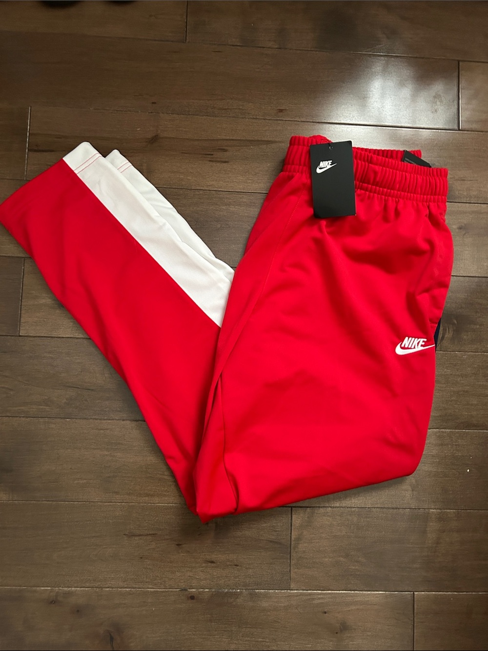 Nike Men’s Red Track Pants with White Stripe Size XL
